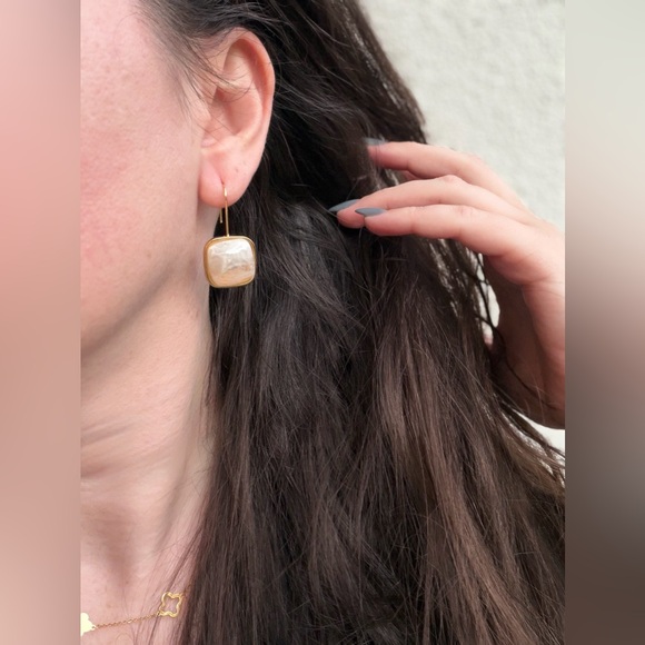 Ivory Resin Drop Earrings | 14K Gold Plated Stainless Steel Earrings - Picture 4 of 4